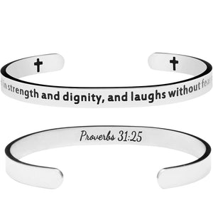 Scriptural Engraved Bracelet Cuff (Prov 31:25)