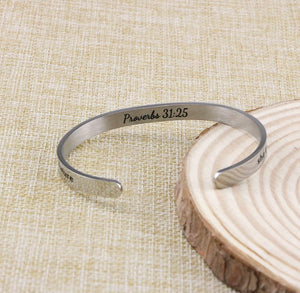 Scriptural Engraved Bracelet Cuff (Prov 31:25)