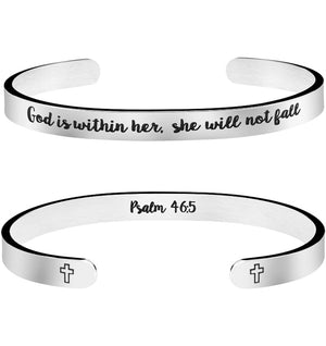 Engraved Scriptural Bracelet Cuff (God is within her she will not fall)